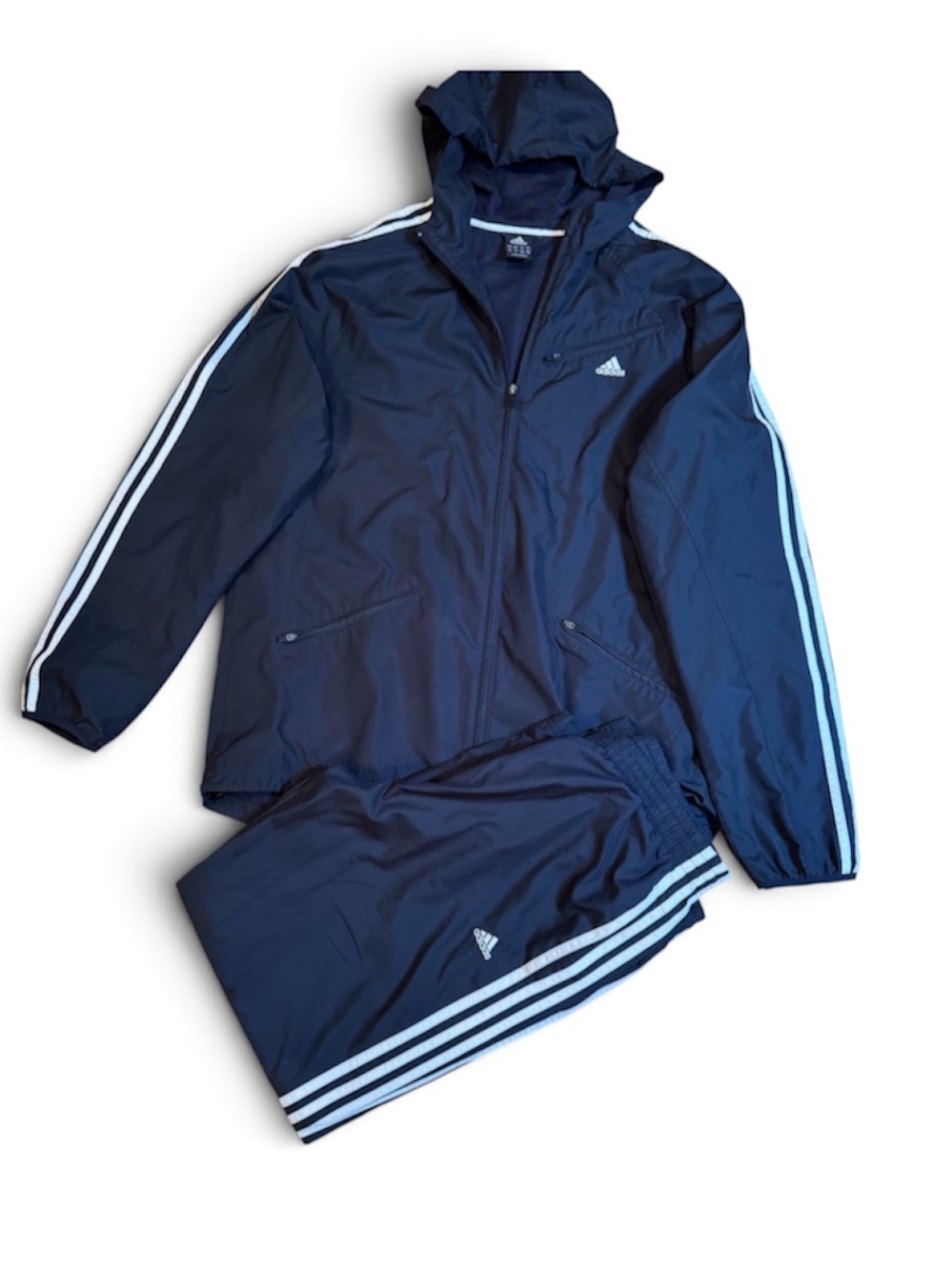 adidas Navy Hooded Tracksuit w/White Three-Stripes & Logos/Pockets Top & Bot/EUC